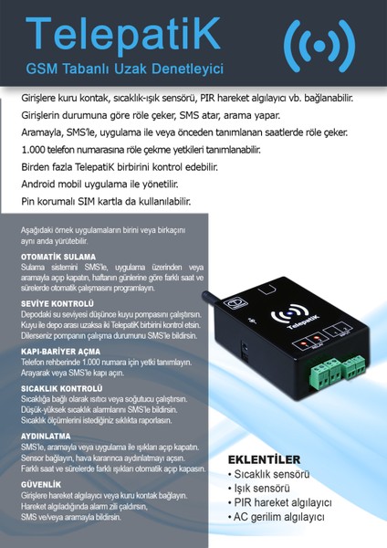 Telepatik-4 Uzaktan Gsm ile Kontrol Cihazı (Otomatik Sulama Pompa Çalıştırma Otomatik Kapı Kontrol Bariyer Kontrol)