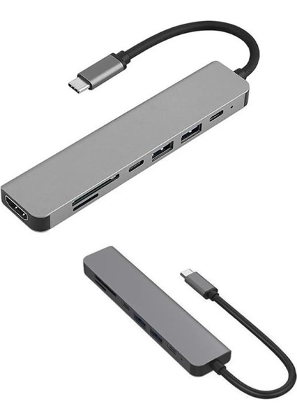 Macbook Pro Huawei Dell Uyumlu Type C To 4K Hdmı+Usb3.0+Sd/tf+Pd+Type-C, Taşınabilir 7in1 Adaptör