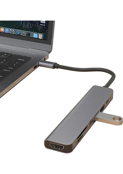 Macbook Pro Huawei Dell Uyumlu Type C To 4K Hdmı+Usb3.0+Sd/tf+Pd+Type-C, Taşınabilir 7in1 Adaptör