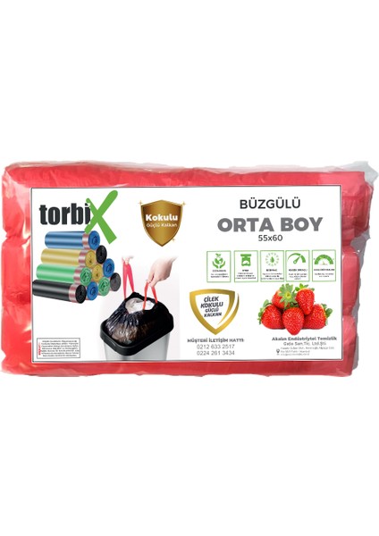 Büzgülü Çöp Torbası Çilek Kokulu Orta Boy 55 x 60 cm 3 Rulo x 10 Adet