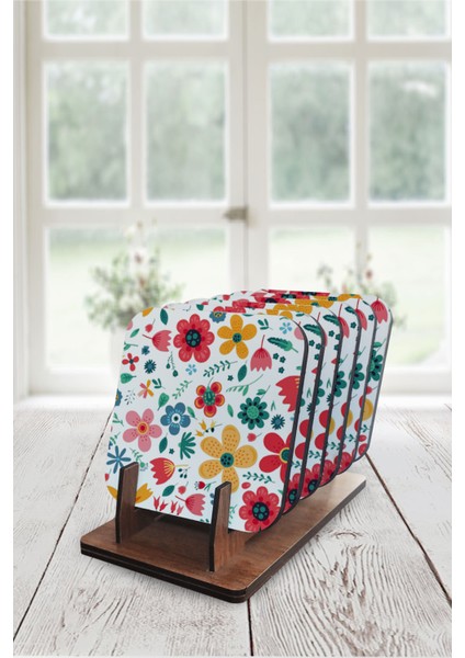 Yr Flowers Ahşap Standlı 6lı Tasarım Bardak Altlığı