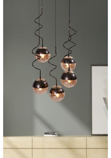 Stella 5 Li Gold-Eskitme Metal Gövde Bal Camlı Tasarım Lüx Sarkıt Avize