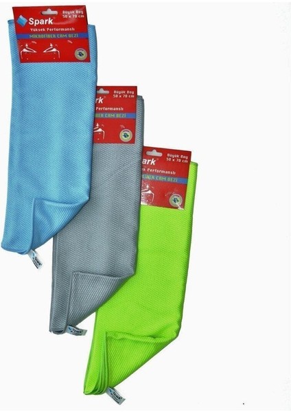 (3 Adet) Spark 2311 Mikrofiber Oto Kurulama ve Cam Temizlik Bezi 50X70 Cm. Mavi - Yeşil - gr