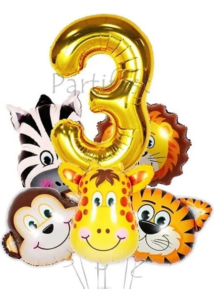 Safari Hayvanlar 3 Yaş Balon Set Safari Büyük Kafa Balon Folyo Balon Set Konsept Doğum Günü Set