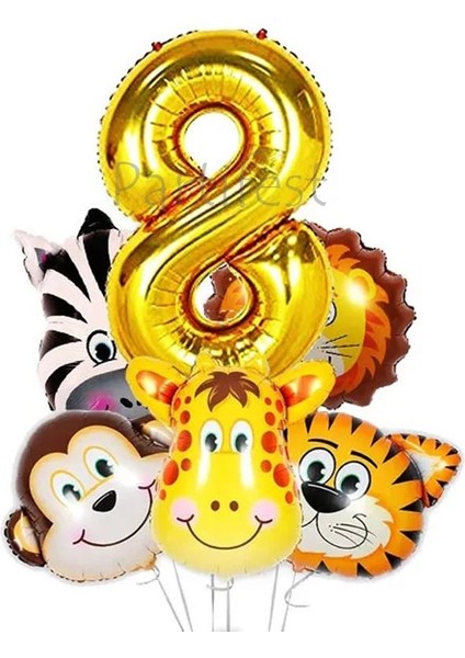 Safari Hayvanlar 8 Yaş Balon Set Safari Büyük Kafa Balon Folyo Balon Set Konsept Doğum Günü Set