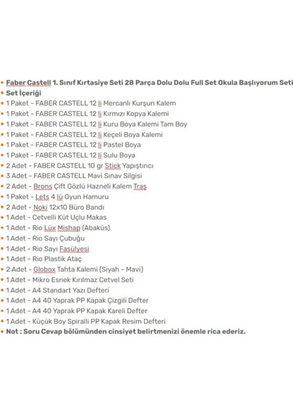 Faber Castell 1. Sınıf Kırtasiye Seti 28 Parça Full Set Okula Başlıyorum Seti