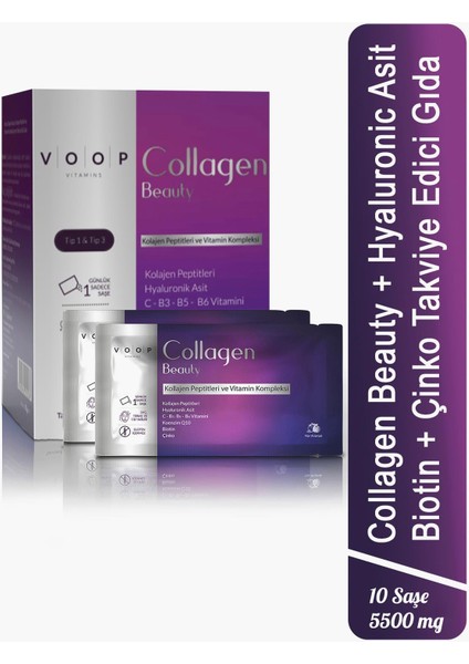 Collagen Beauty Tip 1 Ve Tip 3 5500 Mg Nar Aromalı Hyaluronic Asıt+Q10+Bıotın+Çınko 10 Saşe 10x7 Gr
