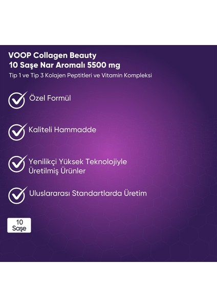 Collagen Beauty Tip 1 Ve Tip 3 5500 Mg Nar Aromalı Hyaluronic Asıt+Q10+Bıotın+Çınko 10 Saşe 10x7 Gr