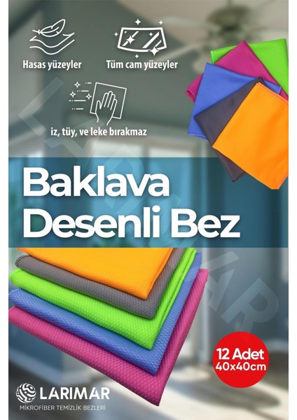 12 Adet Mikrofiber Baklava Desenli Cam ve Temizlik Bezi