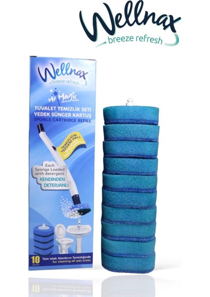 Wellnax Breeze Refresh Kullan At Yedek 10 Adet Sünger Mavi Su ve Deterjanlı Tuvalet Süngeri X1