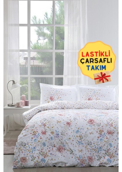 Visterya Lastikli Çarşaflı Çift Kişilik Nevresim Takımı