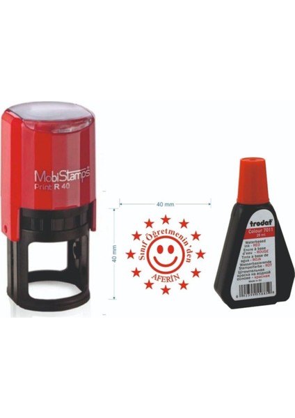 Mobistamps Öğretmen Kaşesi - Yuvarlak Aferin Kaşesi + Trodat 7011 Mürekkep