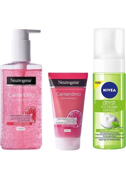 Canlandırıcı Yüz Tem.jeli 200ML&VISIBLY Pembe Peeling Jel 150ML&NIVEA Detox Yüz Yıkama KÖP.150ML