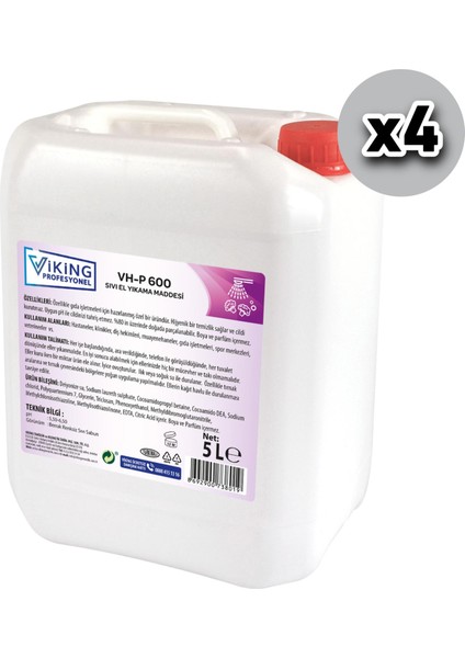 Vp Vh-P 600 Antibakteriyel Sıvı Sabun 5 L 4 Adet (1 Koli)