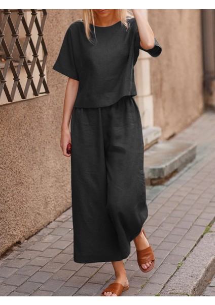 Keten Günlük Rahat Beli Lastikli Kadın Ikili Takım Alt Üst LN10SIYAH