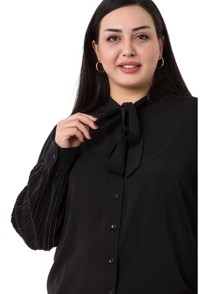Büyük Beden Yakası Bağlama Detaylı Kolları Kraşlı Siyah Gömlek fırsatları