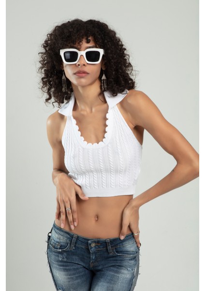 Polo Yaka Beyaz Renkli Kadın Saç Örgülü Yuvarlak Açmalı Spor Triko Bluz Atlet Crop Top SFYZ1010
