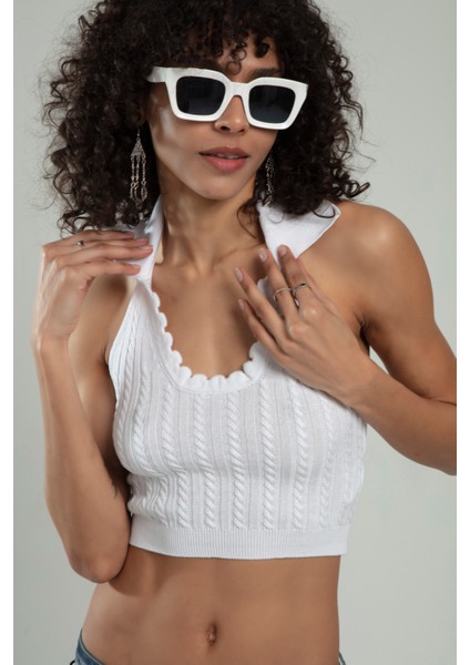 Polo Yaka Beyaz Renkli Kadın Saç Örgülü Yuvarlak Açmalı Spor Triko Bluz Atlet Crop Top SFYZ1010