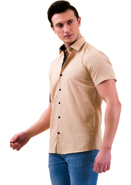 Hardal Sarısı Üzeri Siyah Desen Baskılı Slim Fit Kısa Kollu Pamuk Gömlek fiyatları