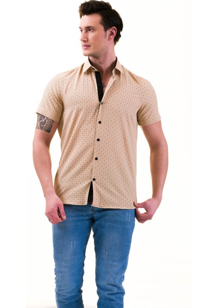 Hardal Sarısı Üzeri Siyah Desen Baskılı Slim Fit Kısa Kollu Pamuk Gömlek modelleri