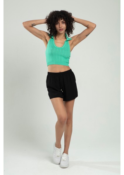 Polo Yaka Fıstık Yeşil Renkli Kadın Saç Örgülü Yuvarlak Açmalı Spor Triko Bluz Atlet Crop Top SFYZ1010
