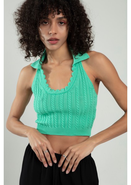Polo Yaka Fıstık Yeşil Renkli Kadın Saç Örgülü Yuvarlak Açmalı Spor Triko Bluz Atlet Crop Top SFYZ1010