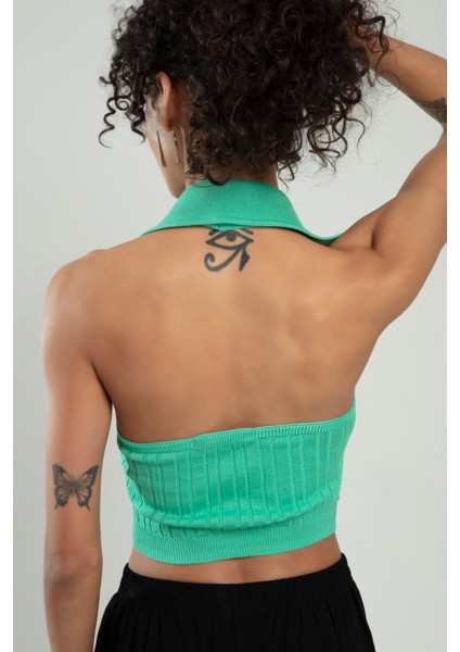 Polo Yaka Fıstık Yeşil Renkli Kadın Saç Örgülü Yuvarlak Açmalı Spor Triko Bluz Atlet Crop Top SFYZ1010