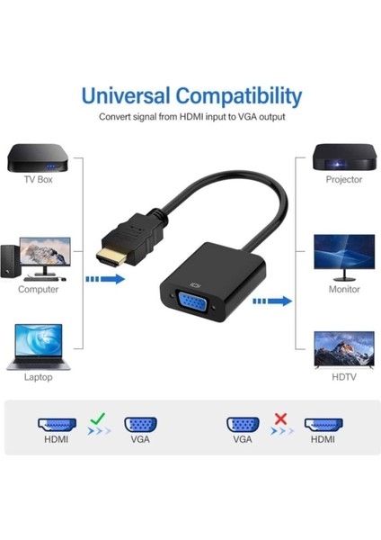 Tablet Projeksiyon Notebook Uyumlu HDMI To VGA Kablo Siyah