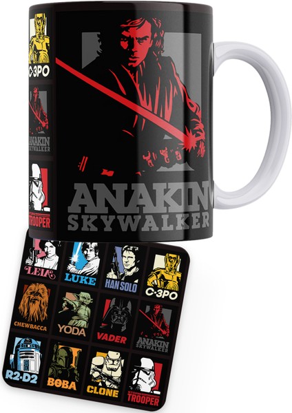 Star Wars Serisi Anakin Baskılı Porselen Kupa + Ahşap Bardak Altlığı