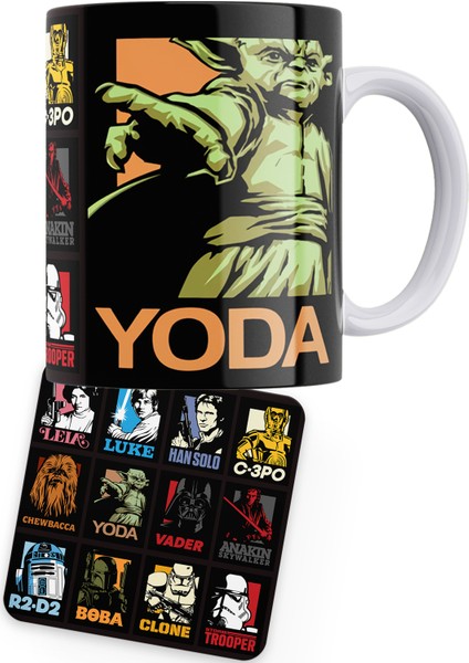 Star Wars Serisi Yoda Baskılı Porselen Kupa + Ahşap Bardak Altlığı