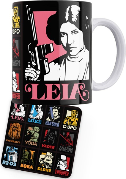 Star Wars Serisi Leia Baskılı Porselen Kupa + Ahşap Bardak Altlığı