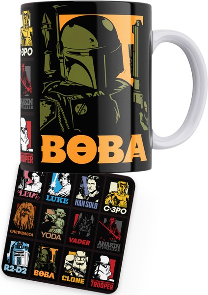Star Wars Serisi Boba Baskılı Porselen Kupa + Ahşap Bardak Altlığı