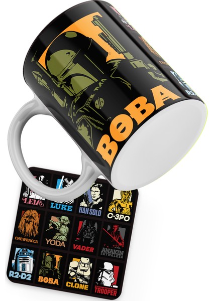 Star Wars Serisi Boba Baskılı Porselen Kupa + Ahşap Bardak Altlığı modelleri