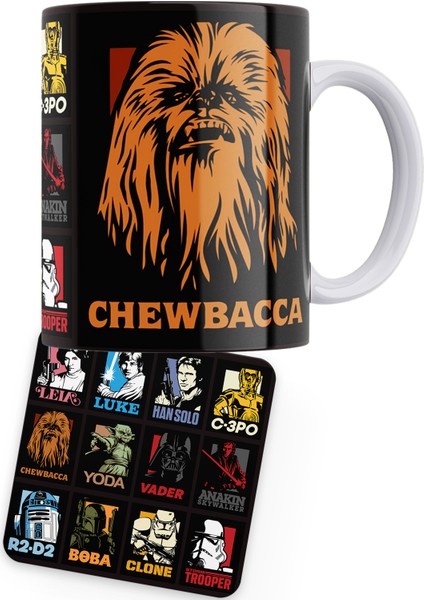 Star Wars Serisi Chewbacca Baskılı Porselen Kupa + Ahşap Bardak Altlığı