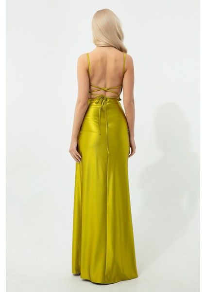 Kadın Fıstık Yeşili Sırt Dekolteli Yırtmaçlı Uzun Abiye Elbise indirimleri