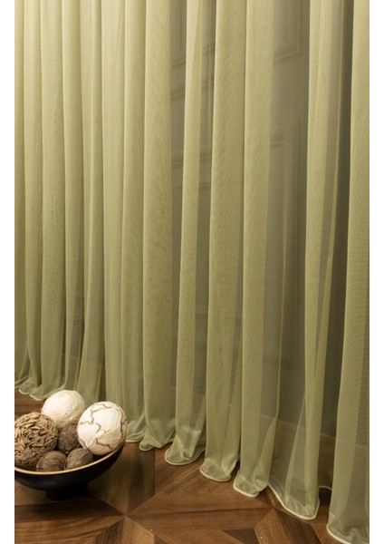 Taç Haki Düz Renk, 1/2 Seyrek Pile Tül Perde Tek Kanat - 140 x 200 cm