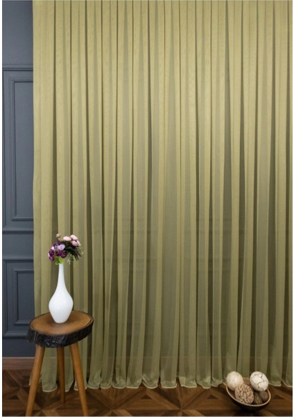 Taç Haki Düz Renk, 1/2 Seyrek Pile Tül Perde Tek Kanat - 100 x 260 cm