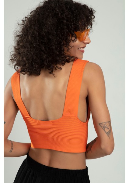 Turuncu Renkli Kadın Özel Sprey Boyamalı V Yakalı Spor Triko Atlet Büstiyer Crop Top Bluz SFYZ1013 indirimleri