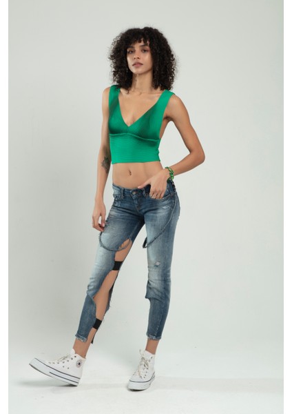 Benetton Yeşil Renkli Kadın Özel Sprey Boyamalı V Yakalı Spor Triko Atlet Büstiyer Crop Top Bluz SFYZ1013