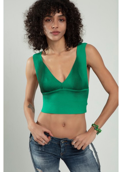 Benetton Yeşil Renkli Kadın Özel Sprey Boyamalı V Yakalı Spor Triko Atlet Büstiyer Crop Top Bluz SFYZ1013