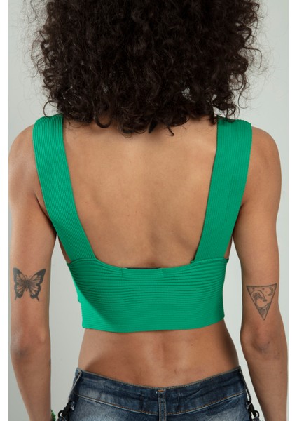 Benetton Yeşil Renkli Kadın Özel Sprey Boyamalı V Yakalı Spor Triko Atlet Büstiyer Crop Top Bluz SFYZ1013