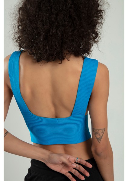 Mavi Renkli Kadın Özel Sprey Boyamalı V Yakalı Spor Triko Atlet Büstiyer Crop Top Bluz SFYZ1013 indirimleri