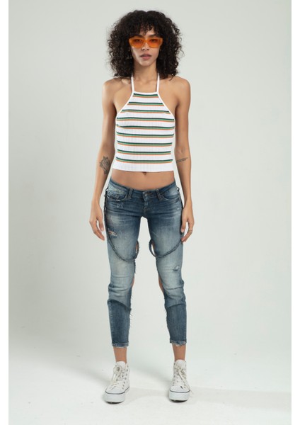 Beyaz Renkli Kadın Spor Boyundan Bağlamalı Straplez Çizğili Triko Atlet Büstiyer Crop Tap SFYZ1014