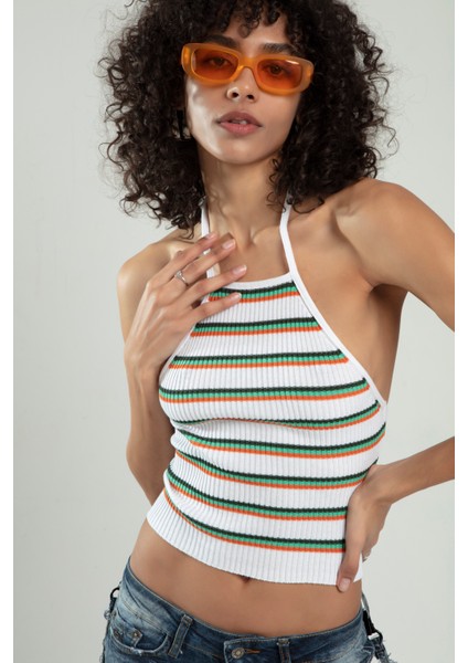 Beyaz Renkli Kadın Spor Boyundan Bağlamalı Straplez Çizğili Triko Atlet Büstiyer Crop Tap SFYZ1014 modelleri