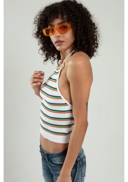 Beyaz Renkli Kadın Spor Boyundan Bağlamalı Straplez Çizğili Triko Atlet Büstiyer Crop Tap SFYZ1014 fırsatları