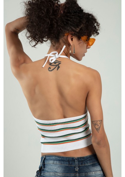 Beyaz Renkli Kadın Spor Boyundan Bağlamalı Straplez Çizğili Triko Atlet Büstiyer Crop Tap SFYZ1014 indirimleri