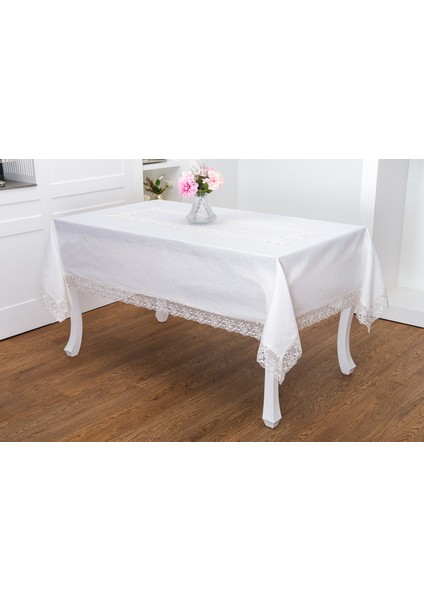 Gilda Lüx Dantelli Simli Kumaş Krem Masa Örtüsü 160X220 cm -1468