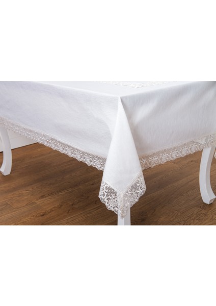 Gilda Lüx Dantelli Simli Kumaş Krem Masa Örtüsü 160X220 cm -1468