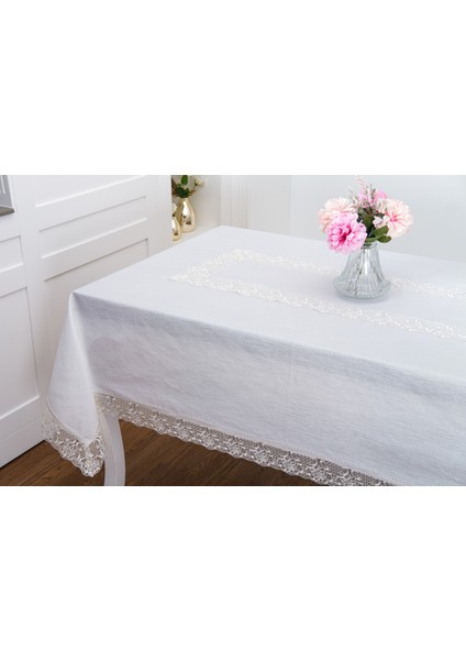 Gilda Lüx Dantelli Simli Kumaş Krem Masa Örtüsü 160X220 cm -1468