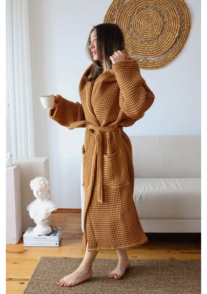 Waffle Yetişkin Bornoz Yumuşak Pike Kumaş Kapşonlu Karamel fiyatları